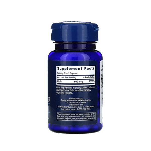 Suplemento alimenticio a base de Biotina marca Life Extension. Contenido: 100 cápsulas. Información nutrimental.