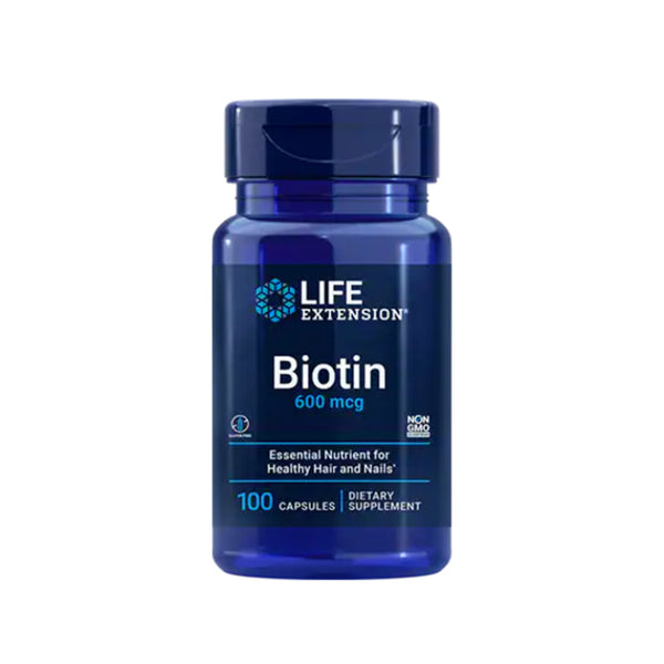 Suplemento alimenticio a base de Biotina marca Life Extension. Contenido: 100 cápsulas.