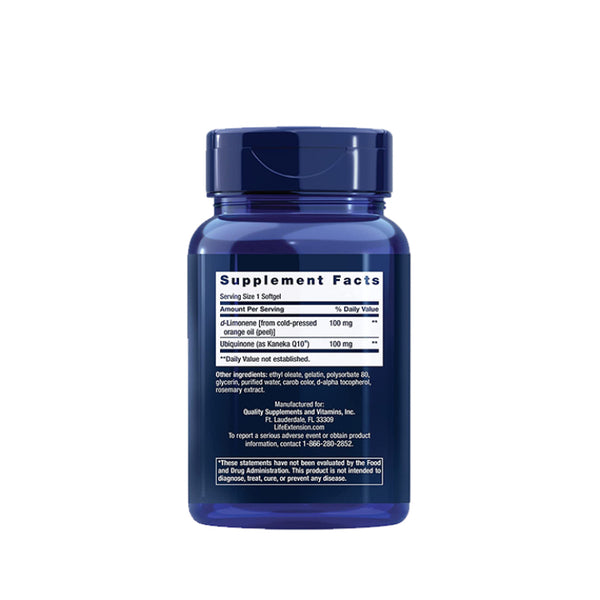 Suplemento alimenticio a base de CoQ10 y D-Limoneno marca Life Extension. Contenido: 60 cápsulas de gel. Información nutrimental.