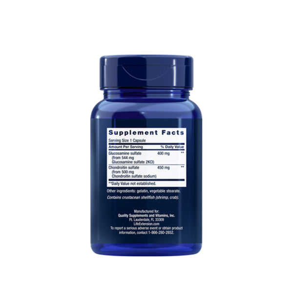 Suplemento alimenticio a base de glucosamina y condroitina marca Life Extension. Contenido: 100 cápsulas. Información nutrimental.