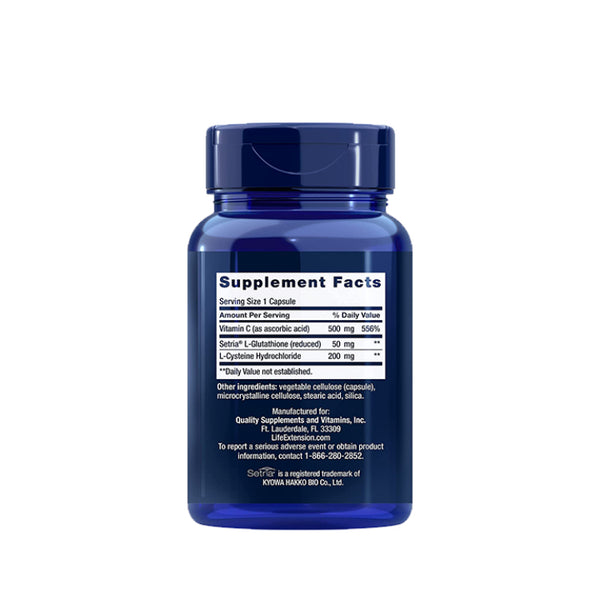 Suplemento alimenticio a base de glutatión, cisteína & C marca Life Extension. Contenido: 100 cápsulas. Información nutrimental.