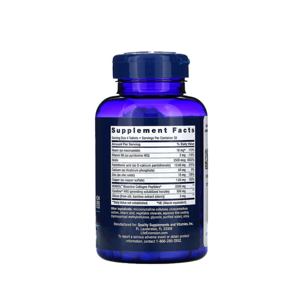 Suplemento alimenticio a base de colágeno plus marca Life Extension. Contenido: 120 tabletas. Información nutrimental.