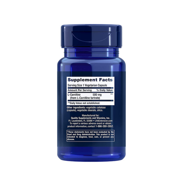 Suplemento alimenticio a base de L-carnitina 500 mg marca Life Extension. Contenido: 30 cápsulas vegetarianas. Información nutrimental.