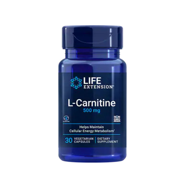 Suplemento alimenticio a base de L-carnitina 500 mg marca Life Extension. Contenido: 30 cápsulas vegetarianas.