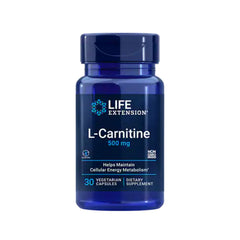 Suplemento alimenticio a base de L-carnitina 500 mg marca Life Extension. Contenido: 30 cápsulas vegetarianas.