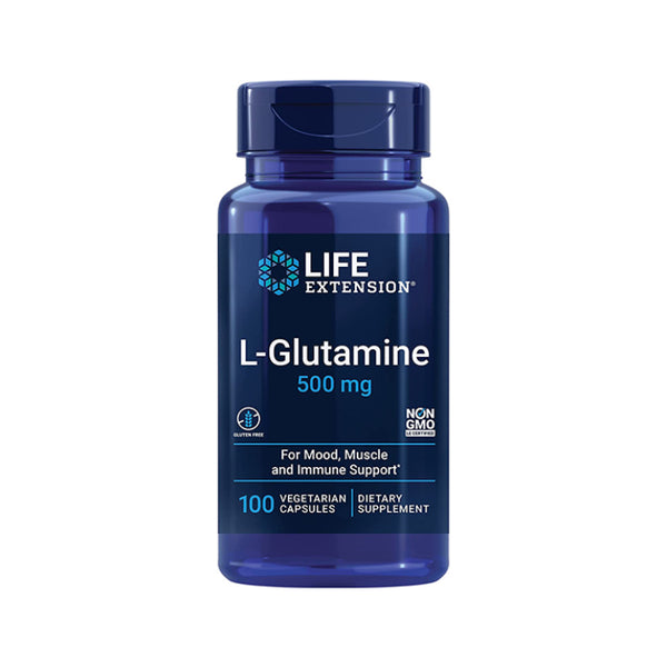Suplemento alimenticio a base de L-glutamina marca Life Extension. Contenido: 100 cápsulas vegetarianas.