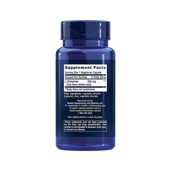 Suplemento alimenticio a base de L-glutamina marca Life Extension. Contenido: 100 cápsulas vegetarianas. Información nutrimental.