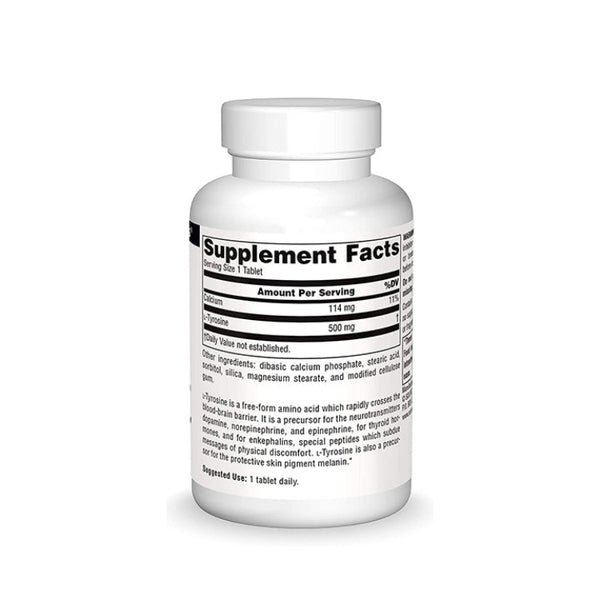 Suplemento alimenticio a base de L-tirosina marca Source Naturals. Contenido: 100 tabletas de 500 mg c/u. Información nutrimental.