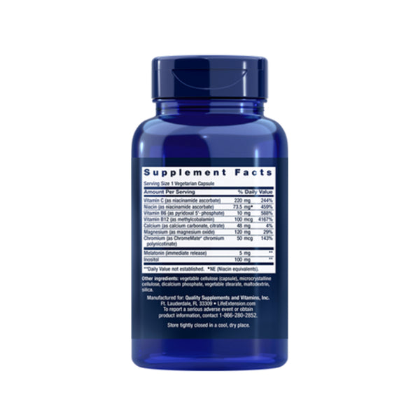 Suplemento alimenticio a base de castaño de indias marca Life Extension. Contenido: 120 tabletas masticables. Información nutrimental.