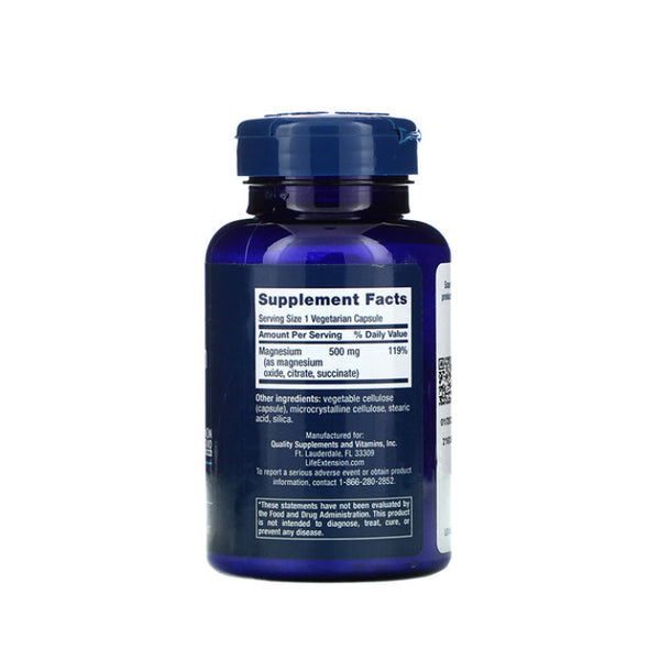 Suplemento alimenticio a base de Magnesio a marca Life Extension. Contenido: 100 cápsulas vegetarianas. Información nutrimental.