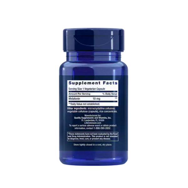 Suplemento alimenticio a base de melatonina 10 mg marca Life Extension. Contenido: 60 cápsulas vegetarianas. Información nutrimental.