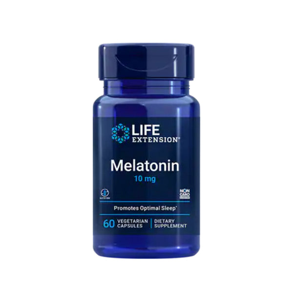 Suplemento alimenticio a base de melatonina 10 mg marca Life Extension. Contenido: 60 cápsulas vegetarianas.