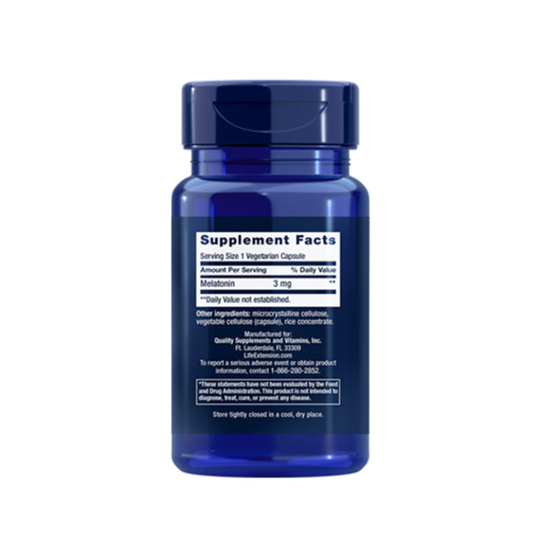 Suplemento alimenticio a base de melatonina 3 mg marca Life Extension. Contenido: 60 cápsulas vegetarianas. Información nutrimental.