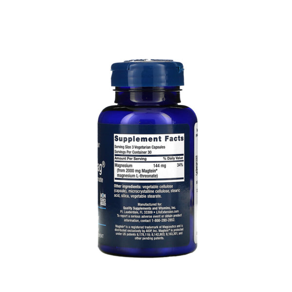 Suplemento alimenticio marca LIFE EXTENSION.Información nutrimental Neuromagnesio. 90 cápsulas. Vitaguru