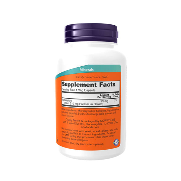 Suplemento alimenticio marca NOW. Información nutrimental Potasio Citrato 99 mg. 180 cápsulas. Vitaguru
