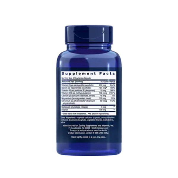 Suplemento alimenticio a base de melatonina 5 mg marca Life Extension. Contenido: 60 cápsulas vegetarianas. Información nutrimental.