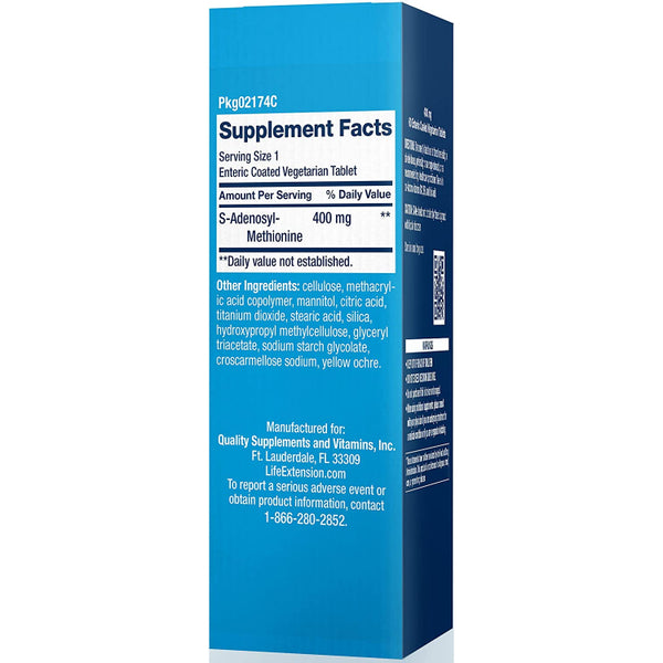 Suplemento alimenticio marca LIFE EXTENSION. Información nutrimental SAM-E 200 mg. 30 tabletas. Vitaguru